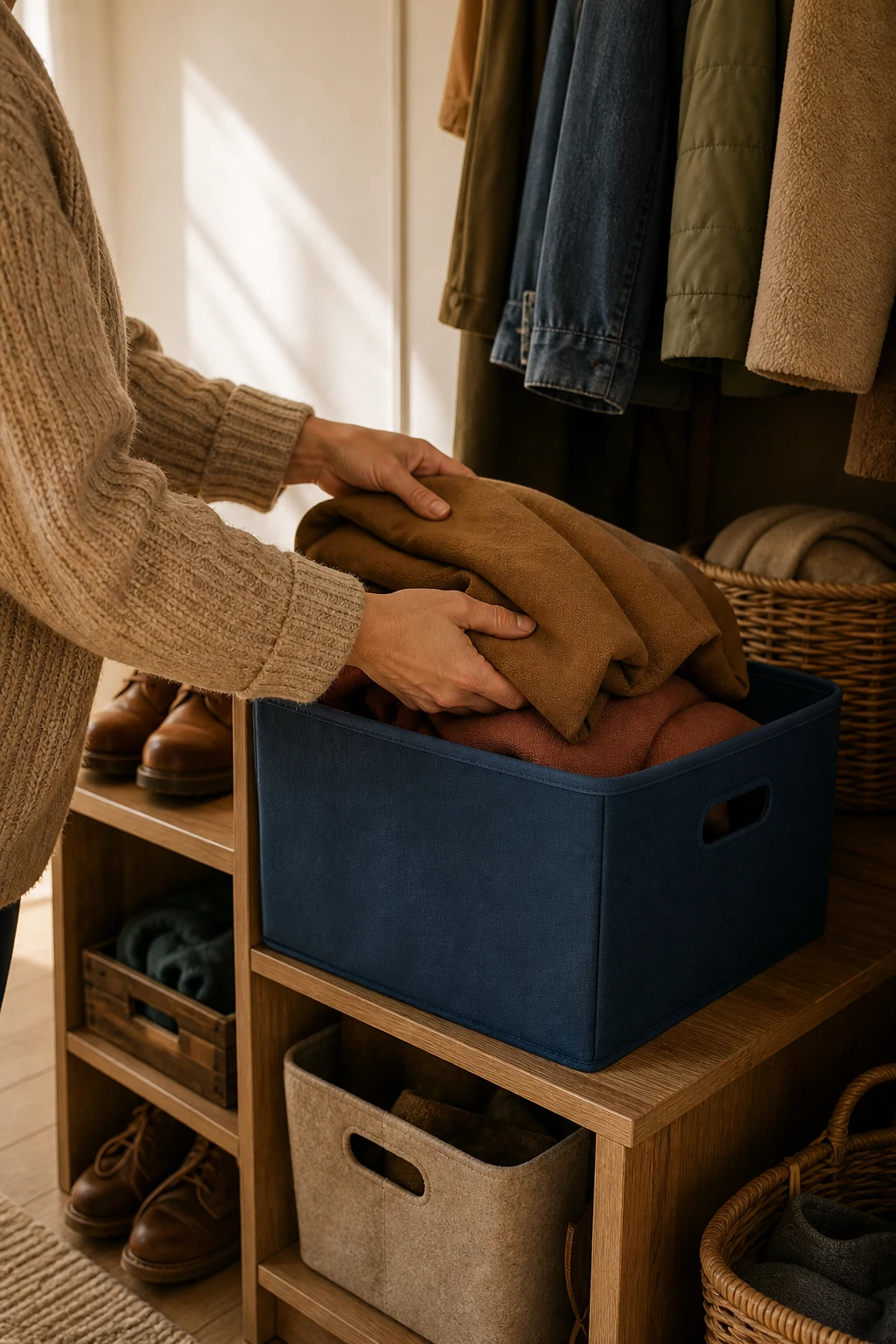 Person putting folded winter coats into a blue storage box in a hallway closet