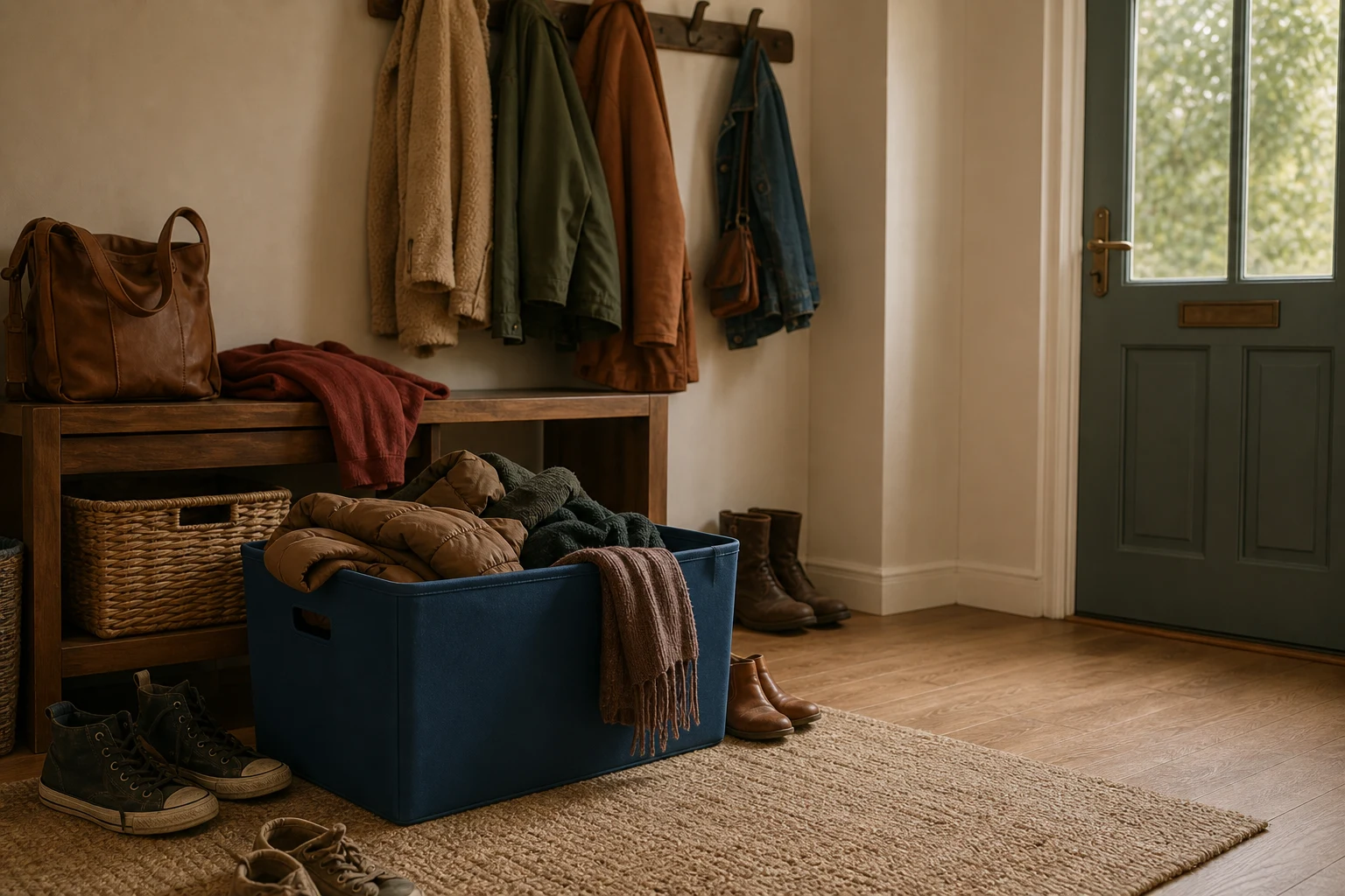 Winter coats spilling from a blue storage box in a busy entryway